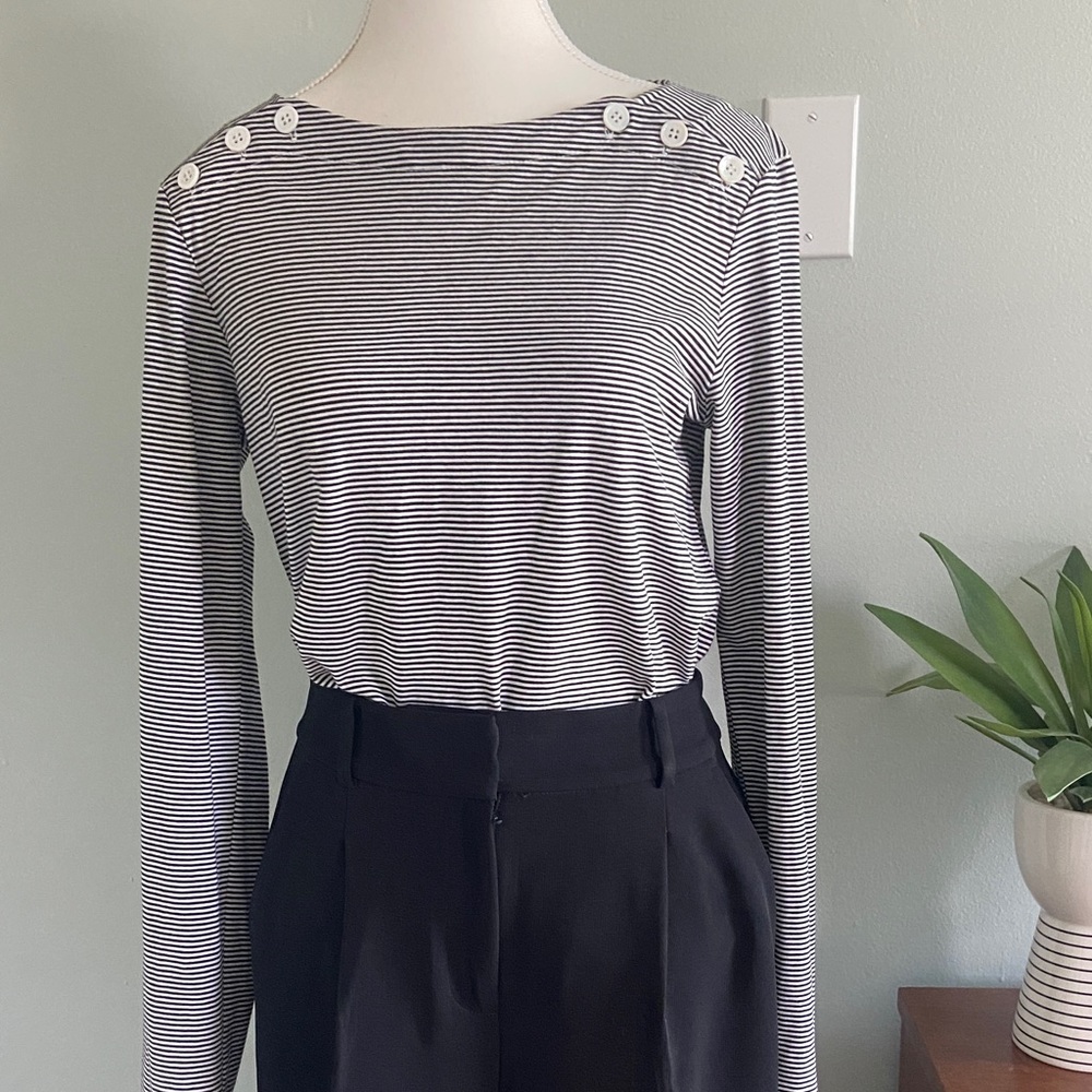 NWOT Stateside Black & White Striped Boatneck Long Sleeve Top Shoulder Buttons
